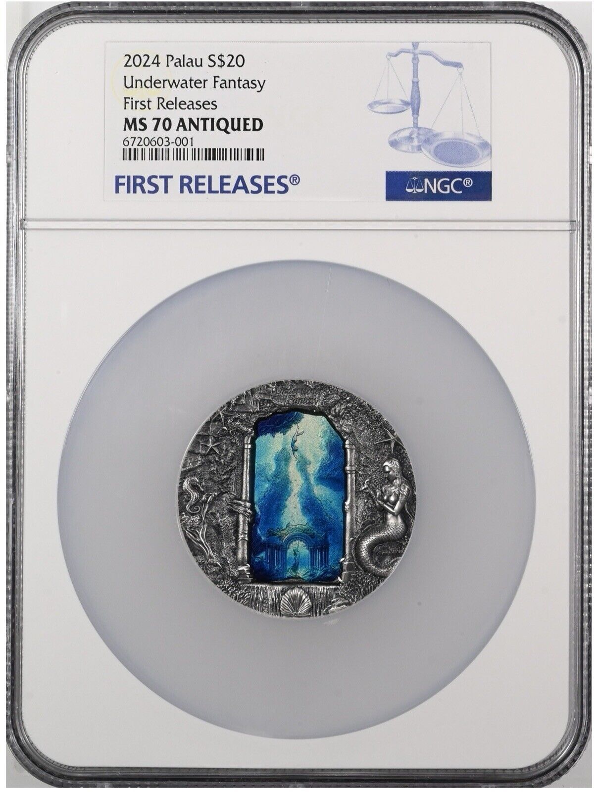 NGC MS70 FR 2025 Palau Underwater Fantasy Mermaids 3oz Silver Antiqued Coin