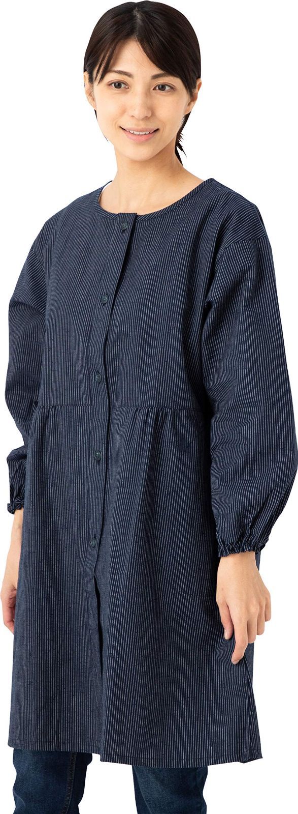 Size Free Size_Color ネイビー 綿の郷 ワタノサト 久留米織前ボタン割烹着 エプロン 和柄 フリーサイズ 細縞白