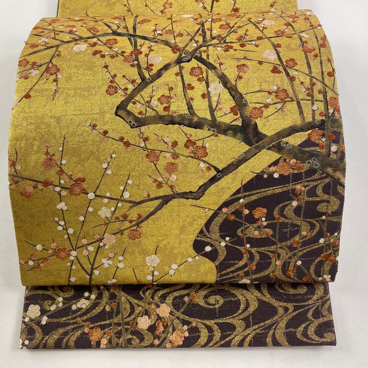 丸帯 落款 松島図屏風 紅白梅図屏風 箔 金色 全通 正絹