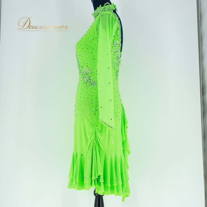 社交ダンス 衣装 ラテン ドレス ワンピース 黄緑 蛍光 デモ 競技