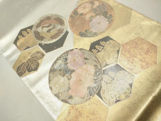 袋帯 螺鈿箔 花柄 華やかな花柄 素敵なデザイン お太鼓柄 正絹 T-6598 袋帯 名品 華文 草花 箔 螺鈿 薄茶色 お太鼓柄 正絹 【中古