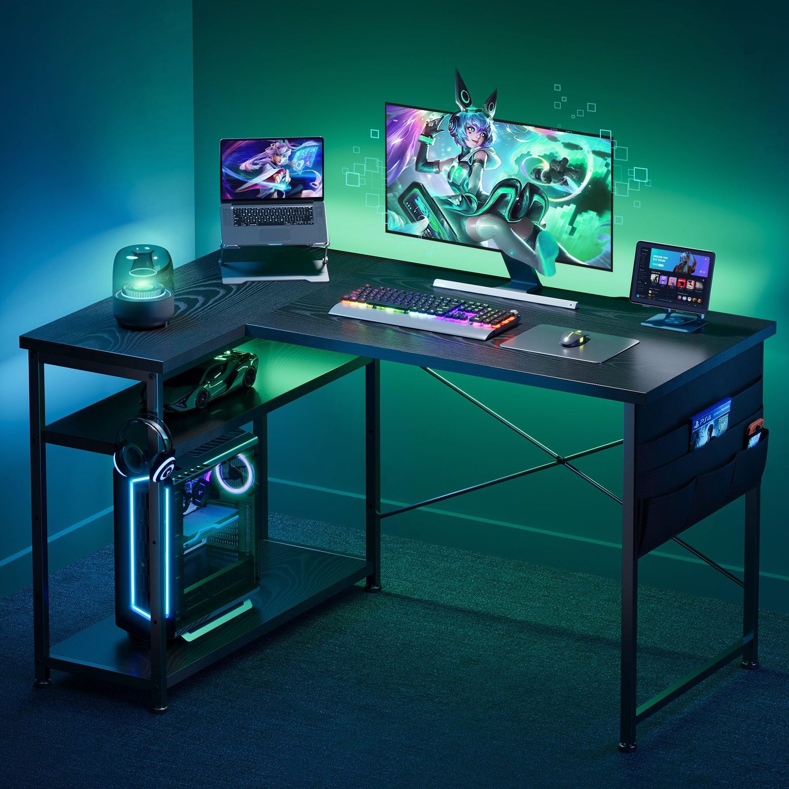 送料無料 YeTom ゲーミングデスク l字デスク pcデスク 右棚左棚 幅107cm ゲーミングテーブル 収納袋付きオフィスデスク ゲームデスク ゲーミング机 つくえ ライティングデスク 黑い