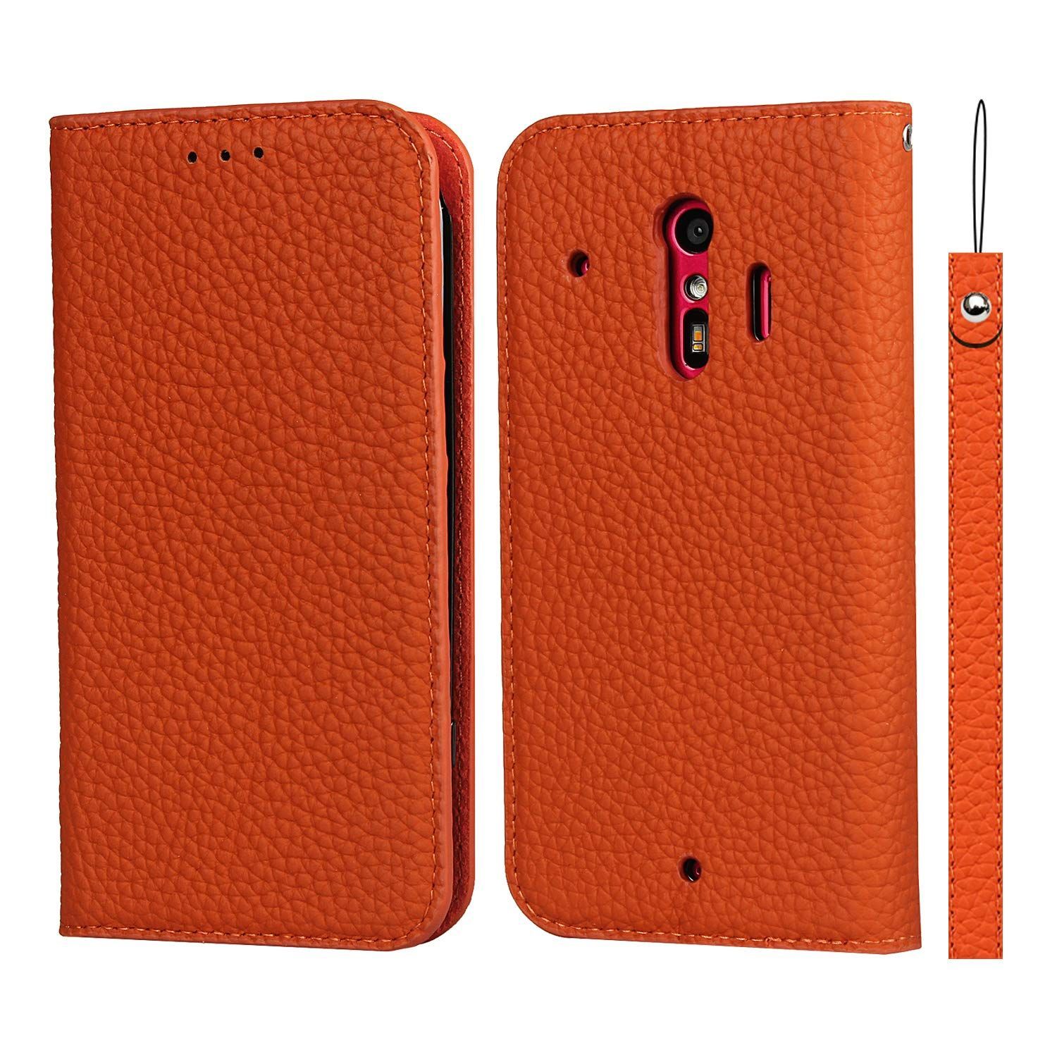 Ｈａｖａｙａ らくらくスマートフォン me F-01L ケース F-42A ケース 手帳型 スマホケース Fujitsu 本革 ストラップ docomo 耐衝撃 カバー カード収納 スタンド機能 レザー -オレンジ