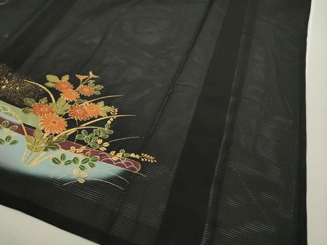 平和屋着物▽小紋　単衣　扇面文　黒地　洗える着物　AABC3915fy 平和屋着物＊夏物 小紋 絽 扇面花文 黒地 洗える着物 AAAY5754st