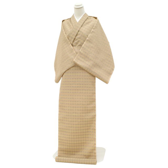 新古品 与那国花織 着物 着尺 正絹 反物 沖縄県 草木染 正絹 手織り 薄茶ベージュ地 花織 小格子 美しい花織 琉球花織 カジュアル 春 秋 冬 未仕立て みやがわ sbs16320