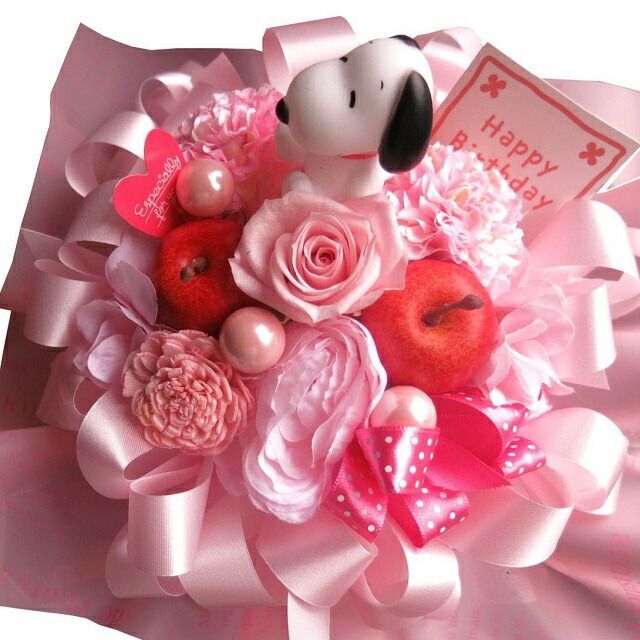 誕生日プレゼント スヌーピーマスコット 花束風 ラテ プリザーブドフラワー入りギフト ケース付き スヌーピーマスコットカラー・種類はおまかせ