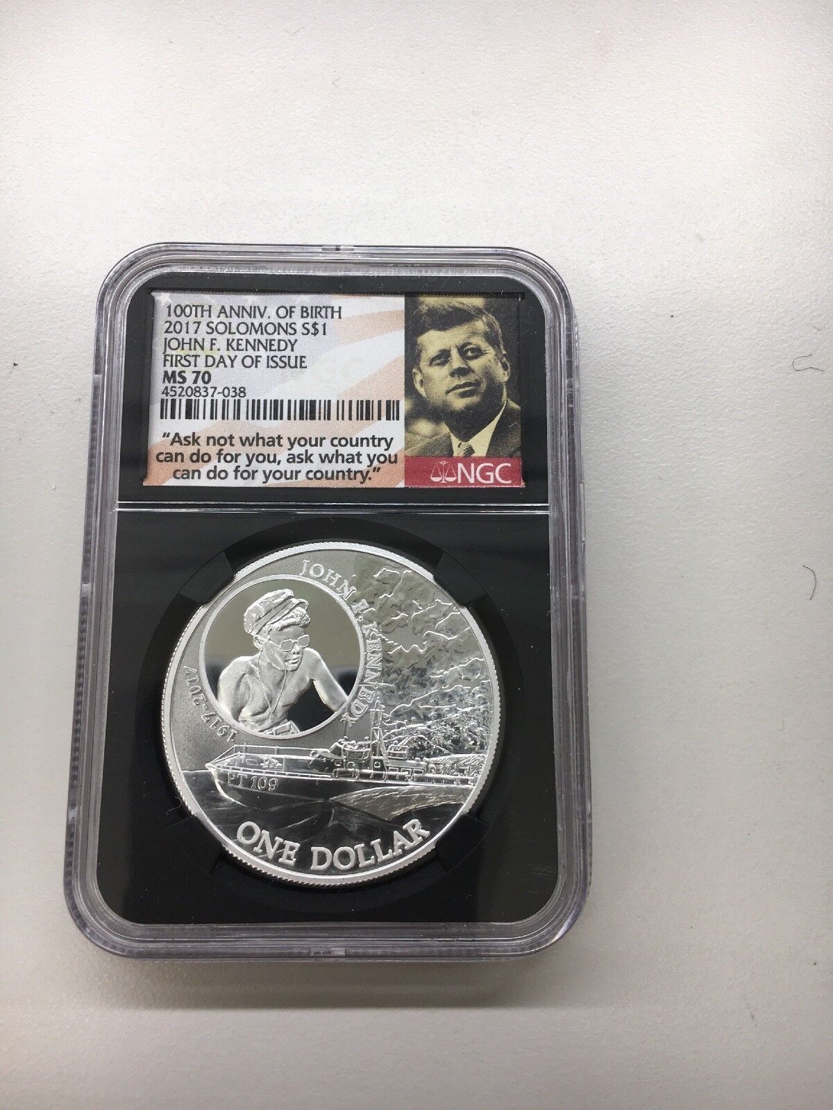2017 1 oz Silver JFK Solomon Islands NGC MS 70 FDOI First Day of Issue Black