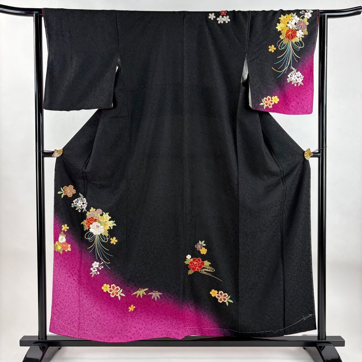 訪問着 身丈157.5cm 裄丈63cm S 袷 薬玉 桜 銀通し 刺繍 黒 正絹