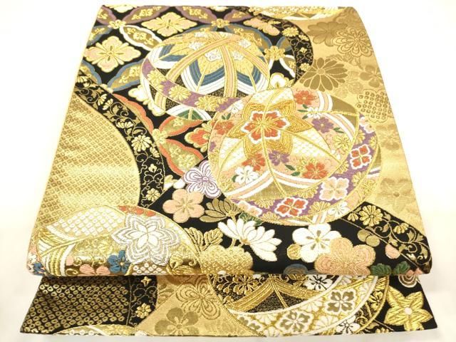 平和屋着物○六通柄袋帯 吉祥文 黒地 金糸 正絹 逸品 CAAU1189yk