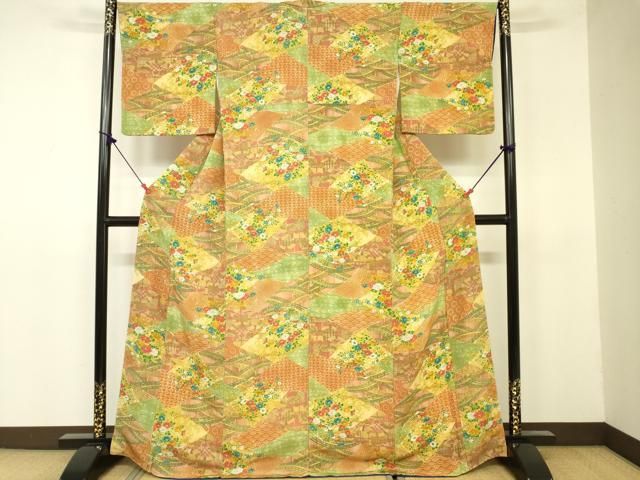 平和屋着物□上質な小紋 型染め 流水風景花文 鬼しぼ縮緬