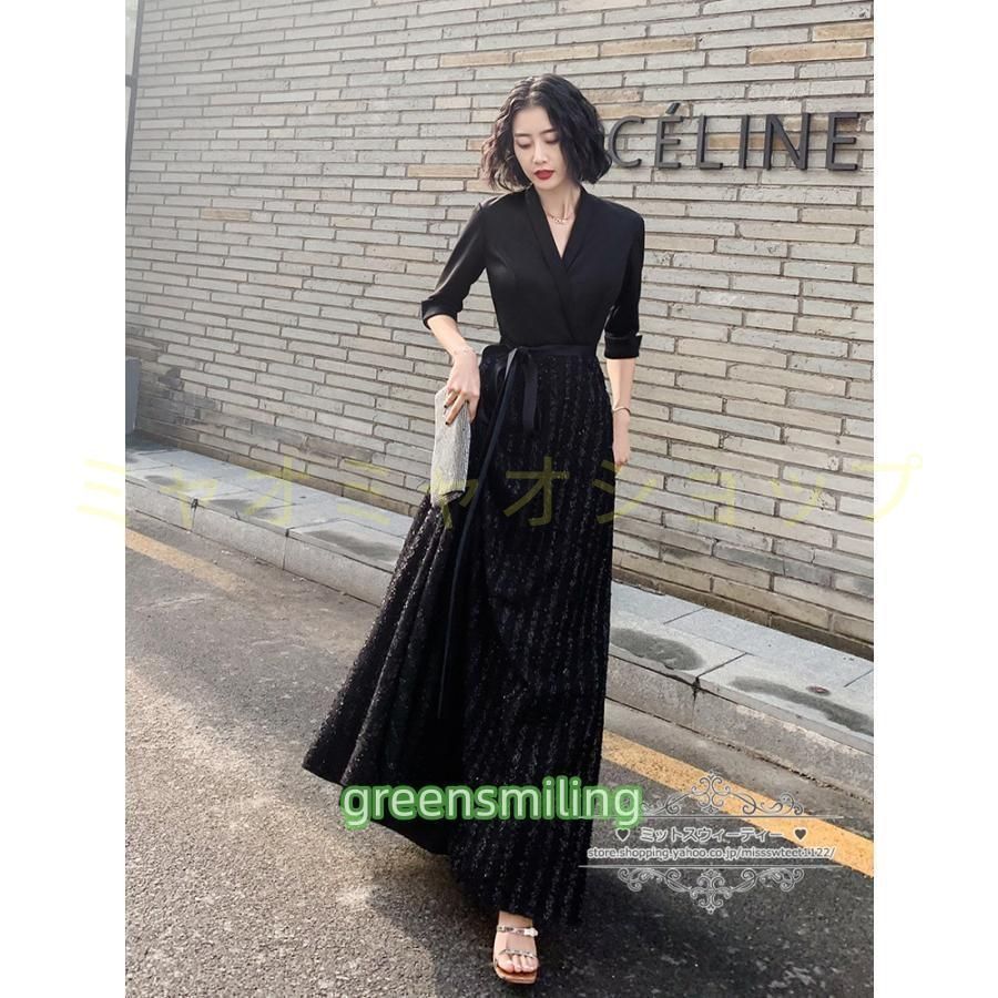 ドレス カクテルドレス ロングドレス パーティードレス 発表会 お呼ばれ フォーマル イブニングドレス 大人らしい ブラック 黒 5分袖WP 1010