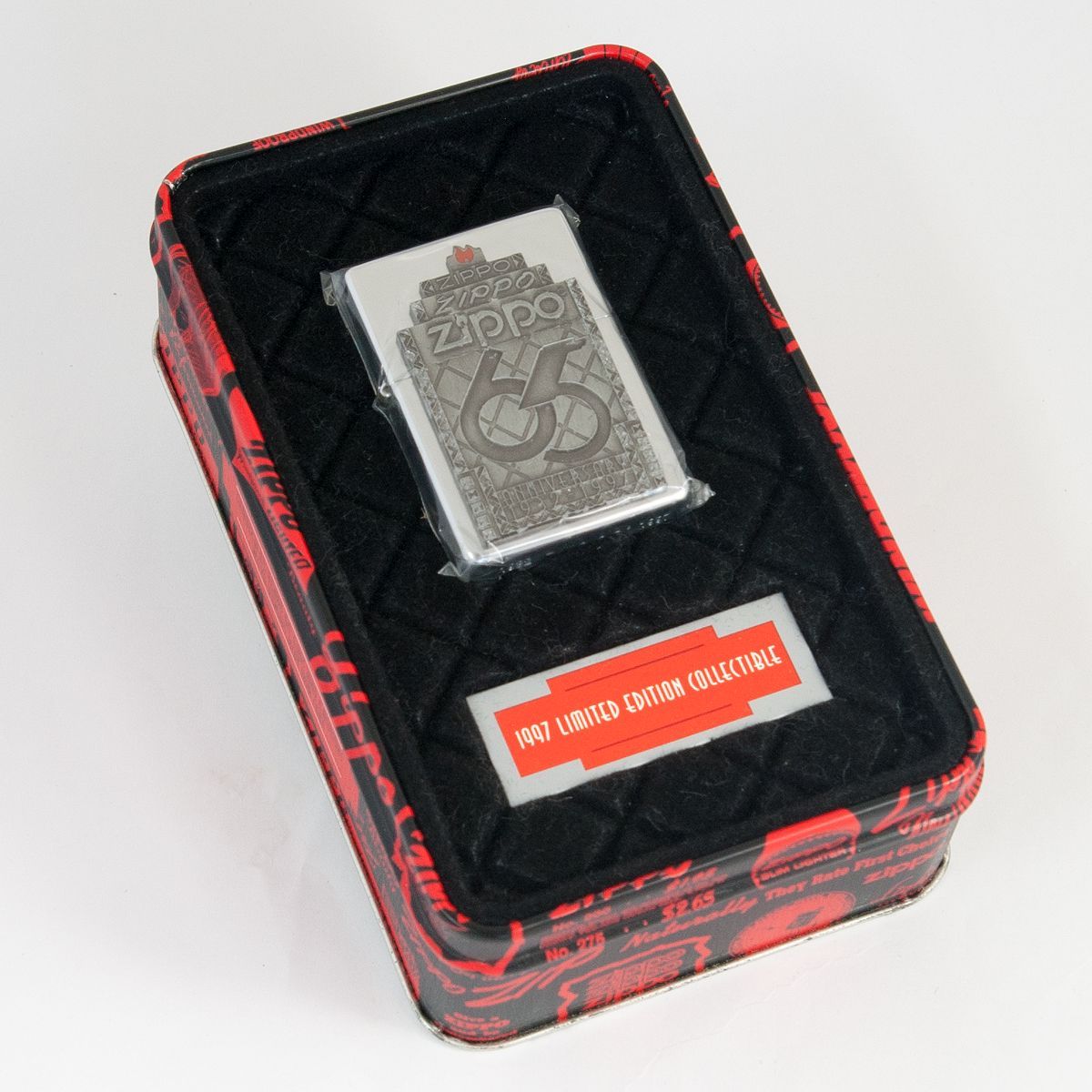 ZIPPO 65周年 1997年 版 コレクターズアイテム メタル貼り付け クロームポリッシュ フラットトップ ジッポーライター