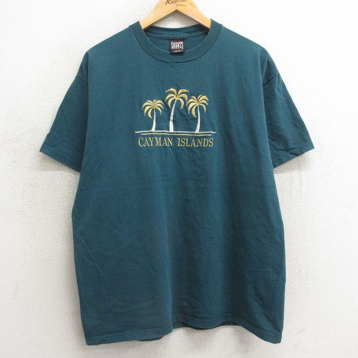 L/古着 半袖 ビンテージ Tシャツ メンズ 90s ヤシの木 ケイマンアイランド 刺繍 コットン クルーネック 緑系 グリーン 24feb12 中古