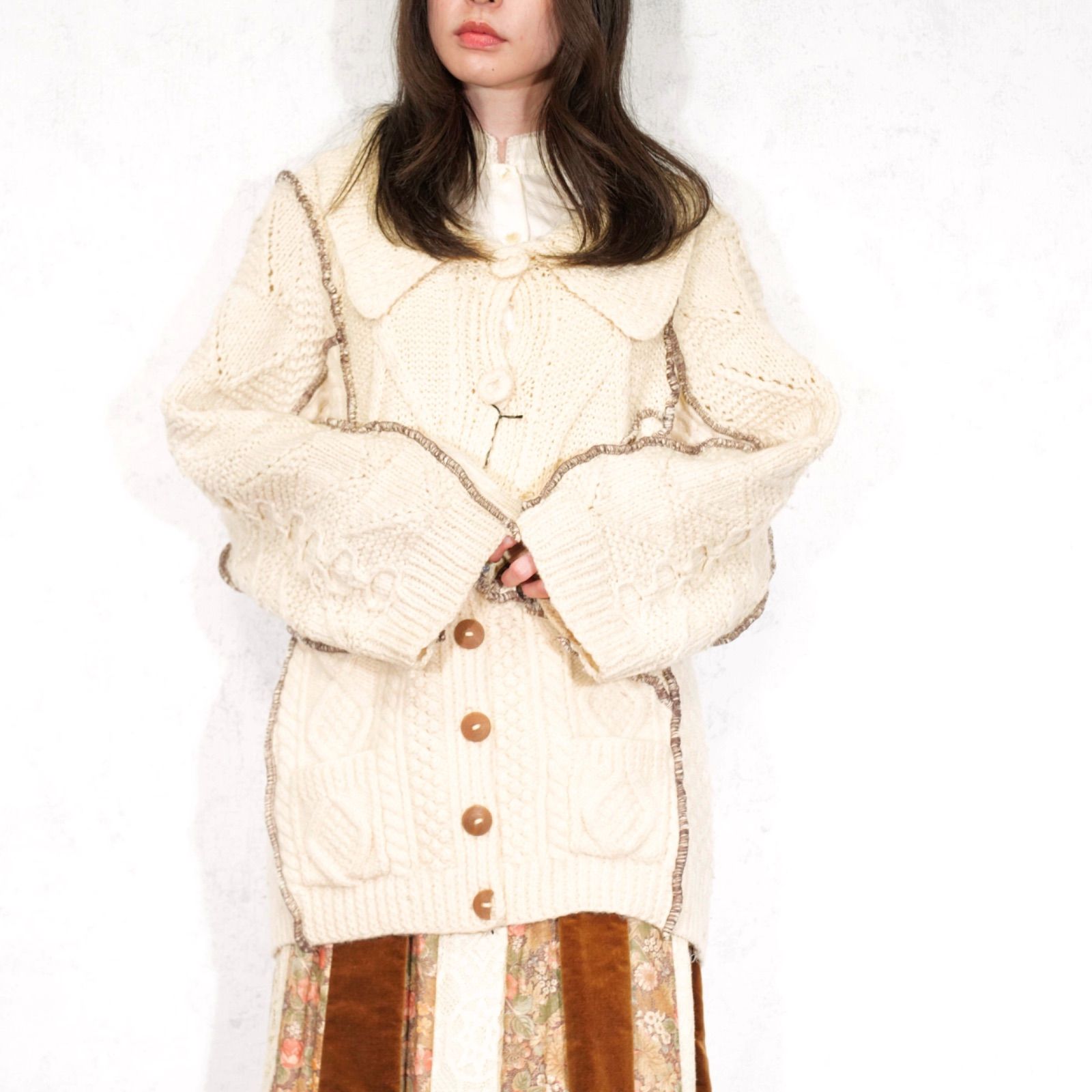 EU VINTAGE COLLAR DESIGN PATCHWORK REMAKE CABLE KNIT CARDIGAN|ヨーロッパ古着襟付きデザインパッチワークリメイクケーブルニットカーディガン ニットジャケット フィッシャーマンセーター|アランニット