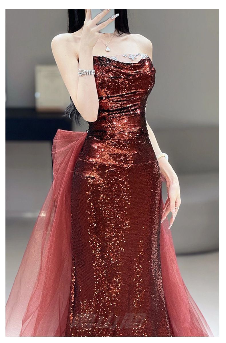 送料無料 レディース 魚尾 ロングドレス ワインレッド 抹胸 亮片 結婚式 宴会 司会 花嫁WPまとめ買い割引103