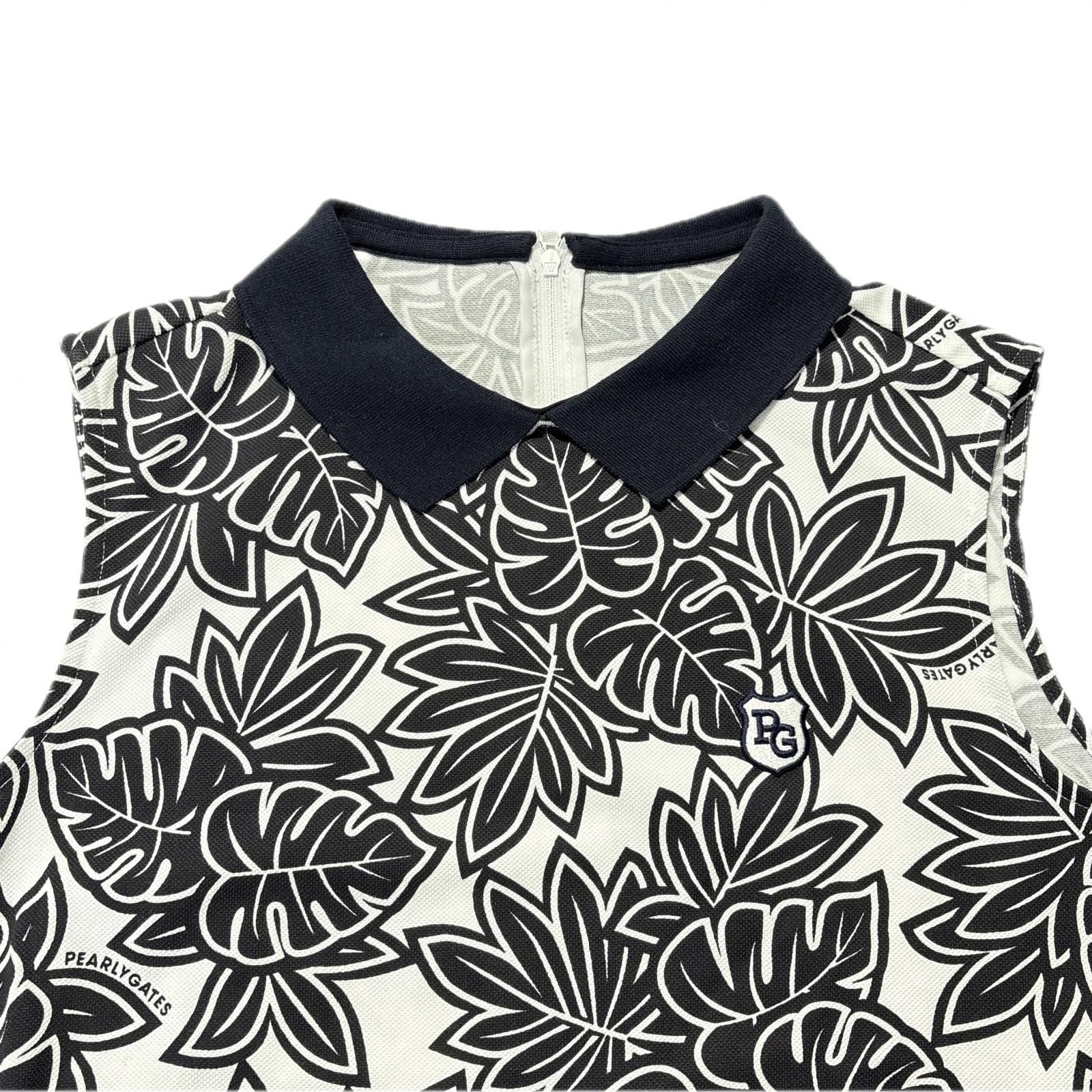 レディース パーリーゲイツ PEARLY GATES ノースリーブ 2 L 白×黒 襟付きシャツ リーフ柄 WHITEMONARCHHOTEL_COM