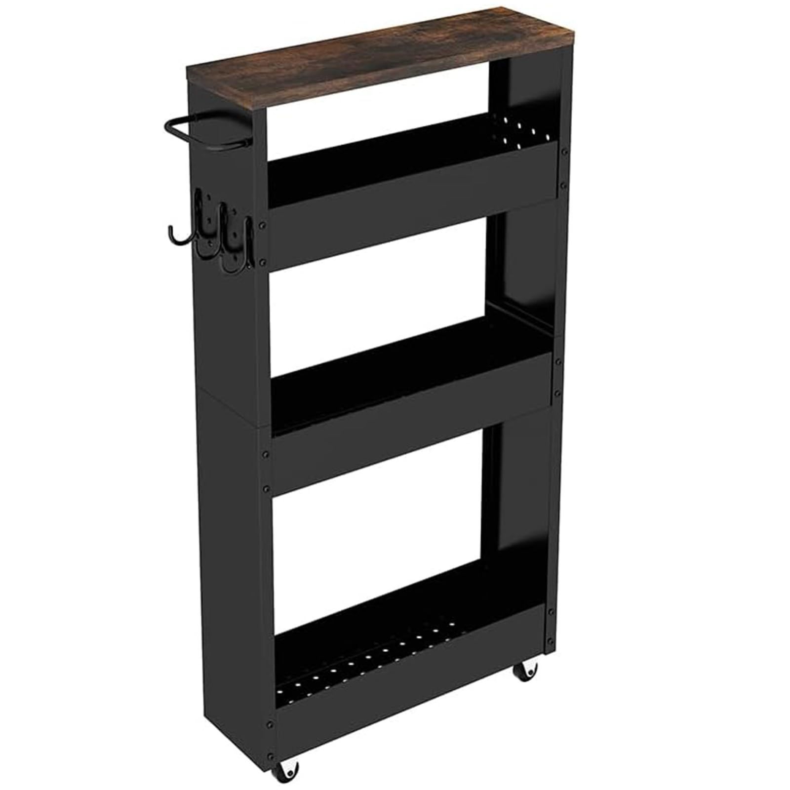 洗面所 冷蔵庫横 収納 キッチンワゴン 穴付き 隙間ラック 金属製 長さ42.5CM キャスター付き 隙間収納 幅13CM 幅13CM 高さ82CM 4段 スリムワゴン ブラック ハンドル付き ブラック RUMOKI