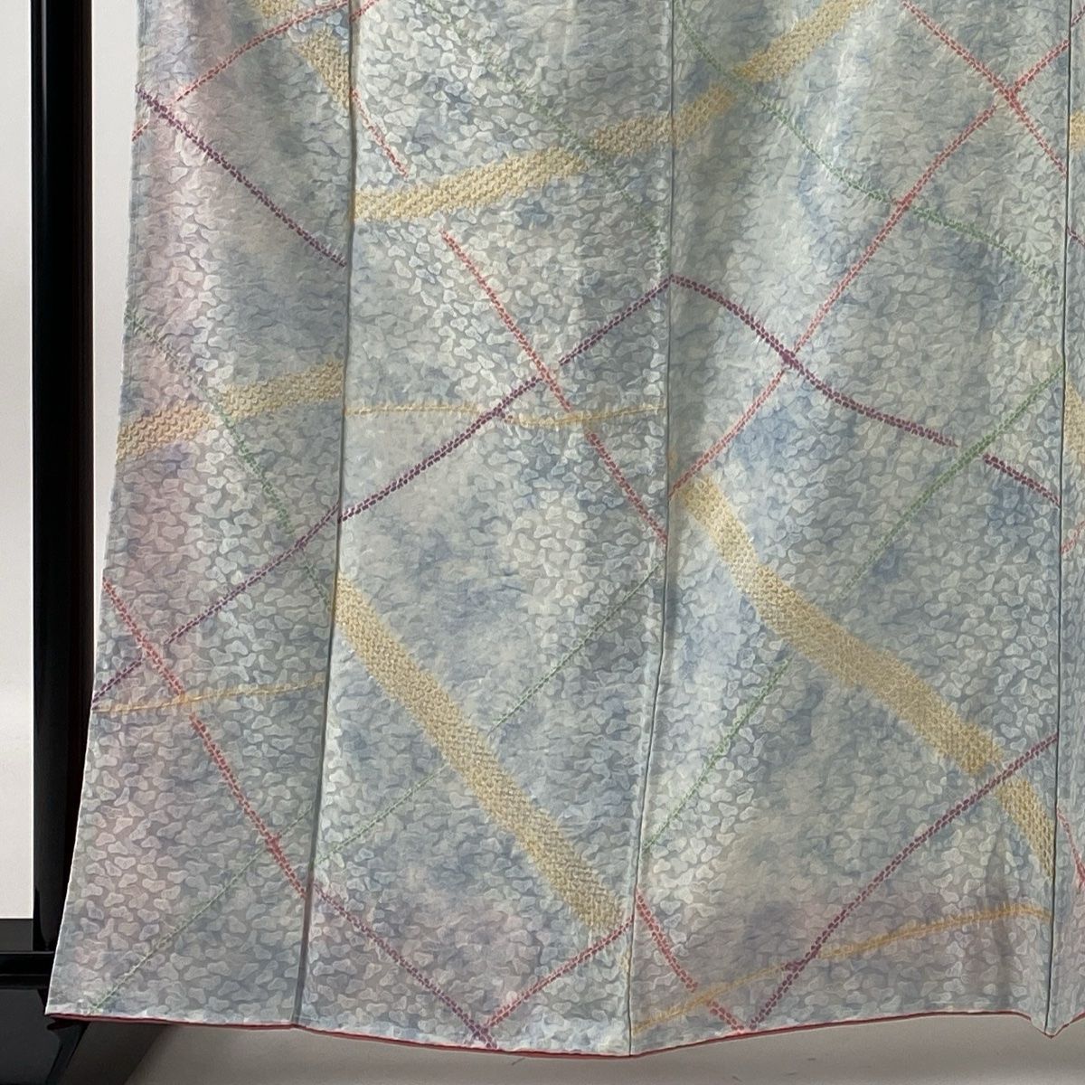 小紋 身丈163cm 裄丈64cm M 袷 地紋 幾何学 絞り 水色 正絹 美品 秀品  