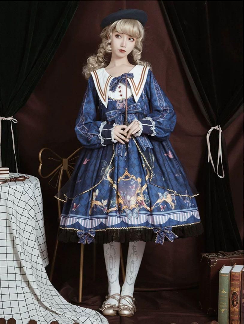 【白糖少女＃夢呓蝶】ゴスロリ・ロリータドレス jsk サスペンダードレス 水色 白糖少女＃夢呓蝶】ゴスロリ・ロリータドレス jsk サスペンダー