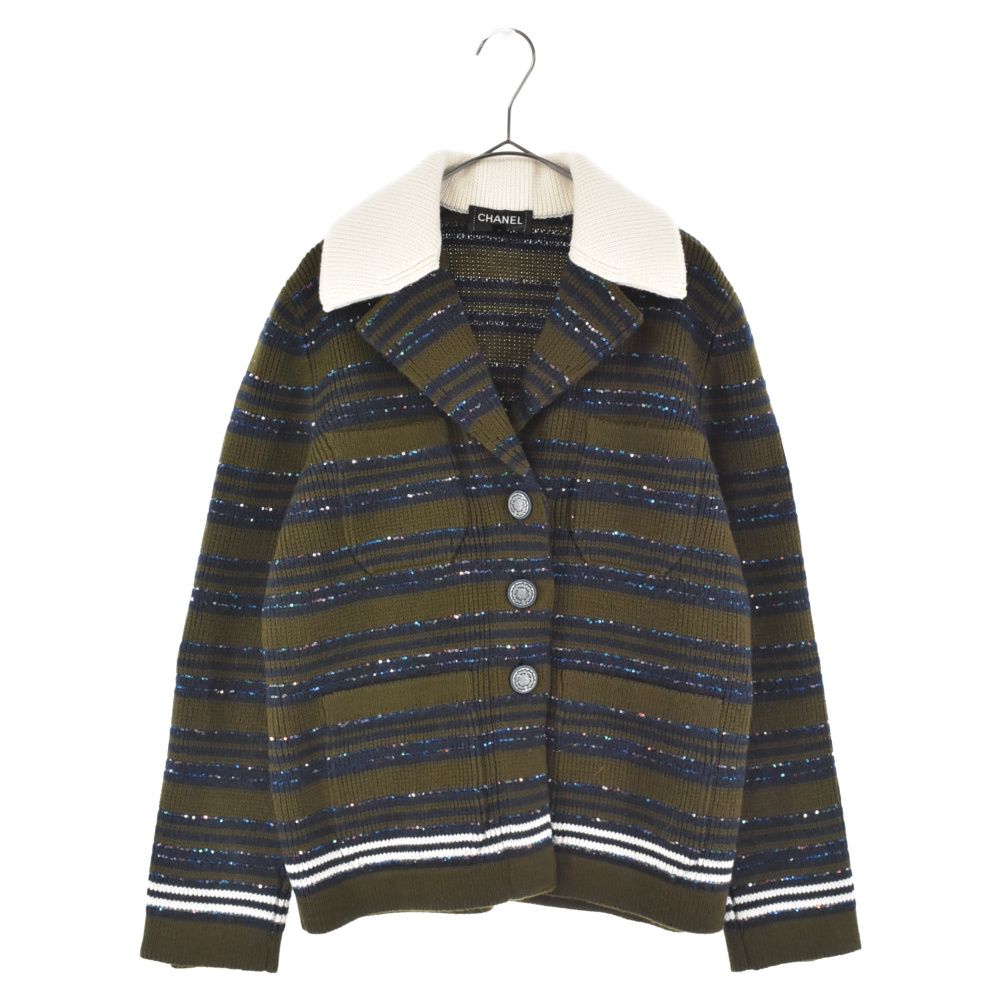 CHANEL (シャネル) カシミヤニットジャケット カーキ/ネイビー