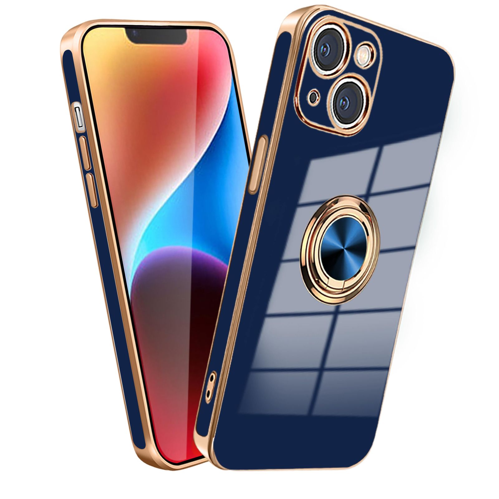  【特価商品】MiaoKeDa iPhone 13 mini ケース リング 耐衝撃 いphone13Mini リング付き スマホケース TPU 車載ホルダー ストラップホール付き メッキ加工 カバー ネイビーブルー その他