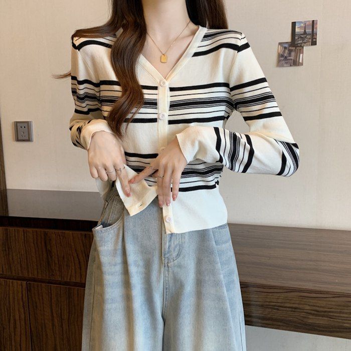 ニットトップス カーディガン レディース ニット ボーダー スクエアネック 長袖 配色 薄手 羽織り ニットセーター 春 秋 冬 ニット カーディガン ボーダー レディース ネック 配色 トップス