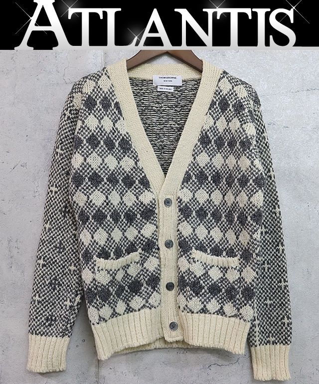 【広尾店】 トムブラウン THOM BROWNE ニットカーディガン 総柄 メンズ ウール×モヘア グレー系 size:1 【15762】