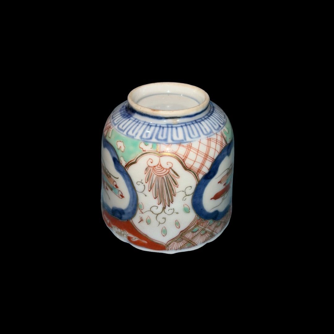455『赤玉 瓔珞文 蕎麦猪口』　/骨董品 古美術 古玩 アンティーク 陶磁器 :: 九谷 八郎手赤絵瓔珞文 のぞき猪口 | COTTOU.JP 骨董
