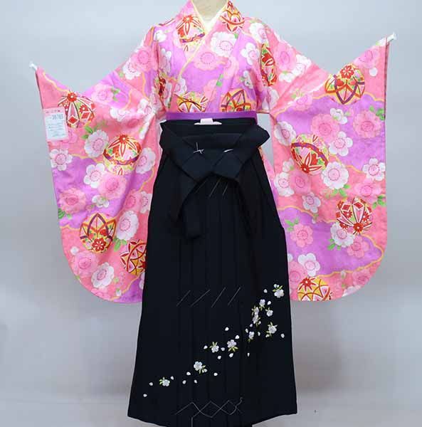 二尺袖 着物 袴フルセット ジュニア用へ直し 135cm～150cm 百花斉放 ピンク色 袴変更可能 卒業式 NO36765