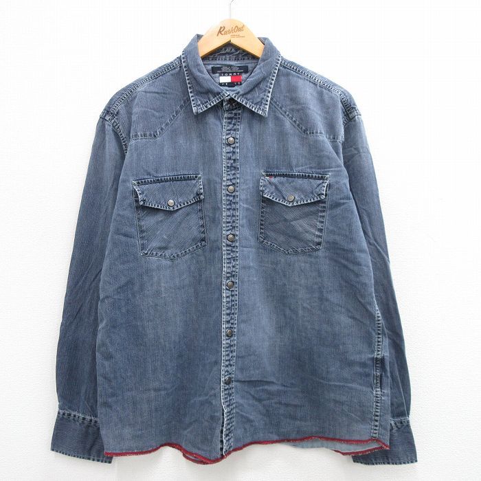 XL/古着 トミーヒルフィガー トミージーンズ 長袖 ブランド シャツ メンズ 90s ワンポイントロゴ コットン 紺 ネイビー デニム 24may30 中