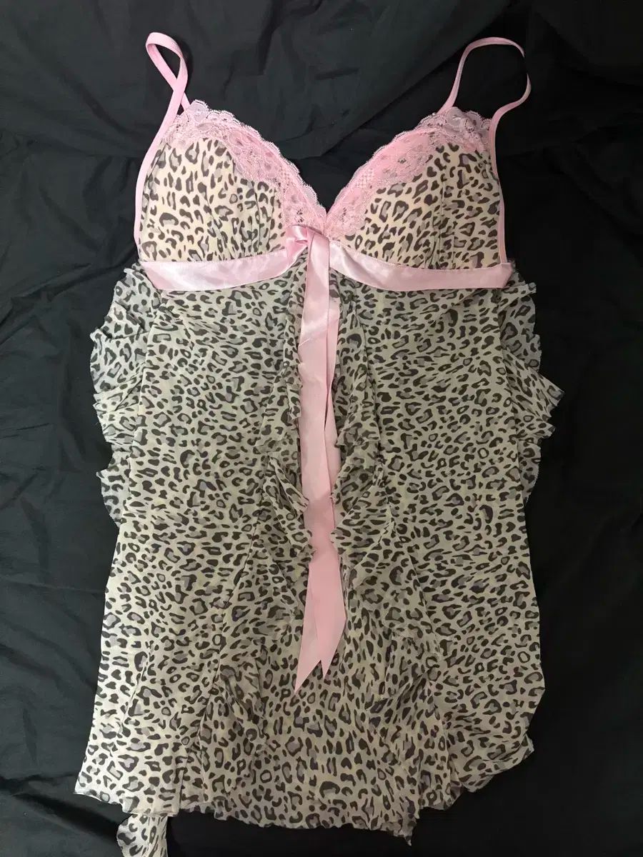 Tralala ピンクリボン キャミソール スリップワンピースドレス レオパード ギャル リボン レオパード スリップワンピース ギャル y2k ドット