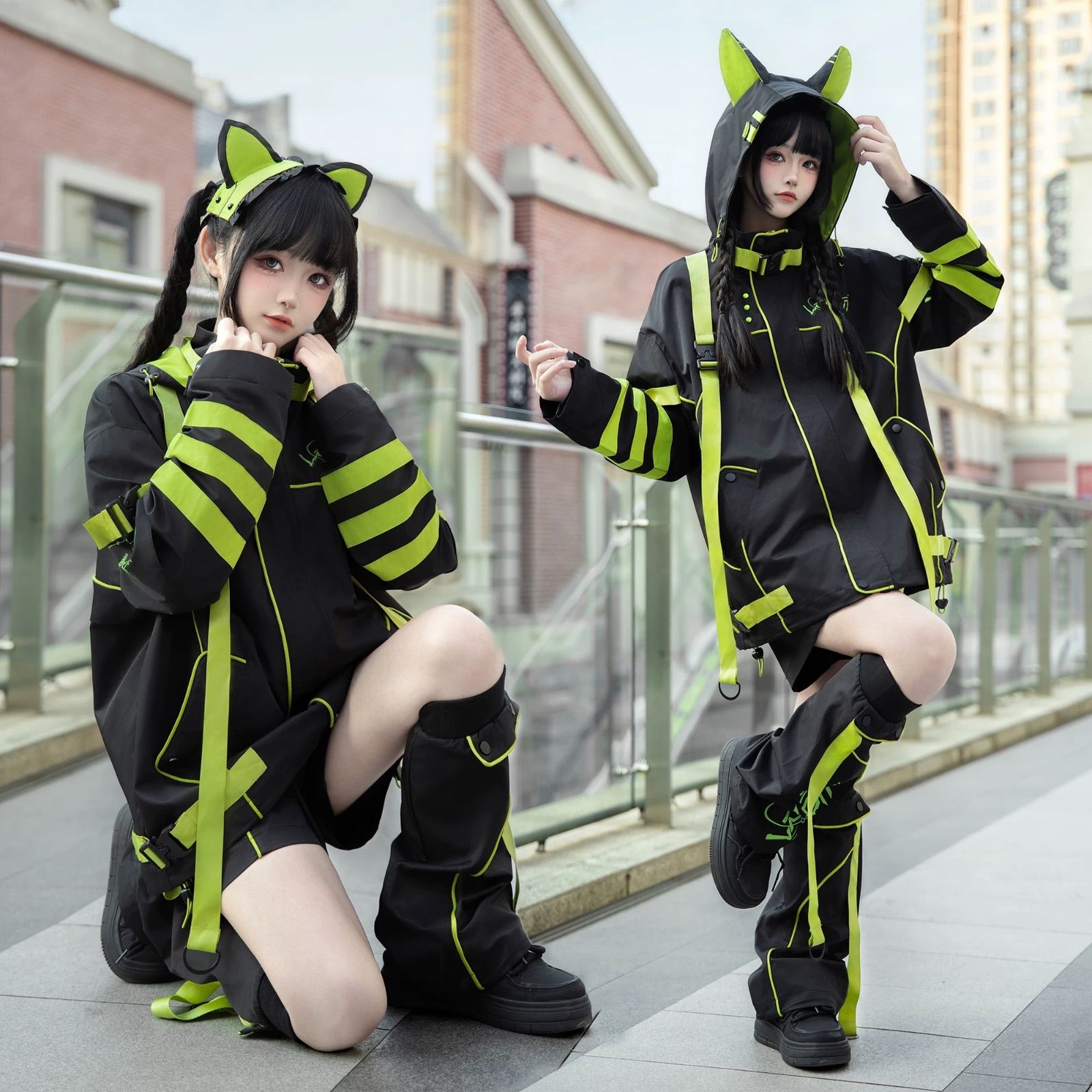 パープル 猫耳 猫 セットアップ サイバー 渦雷系 コスプレ サブカル 服 