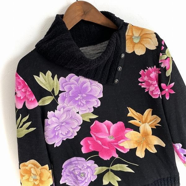 wxc レオナール LEONARD ニット・セーター LL 黒 マルチ タートル 花柄