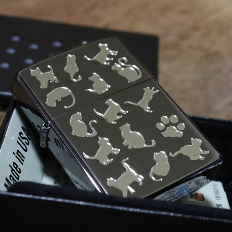 ZIPPO 猫 スタンプ ブラック かわいい ネコジッポ ライター キャット 黒 人気 かっこいい プレゼント 猫ジッポ 猫ライター ネコ ジッポー かわいい