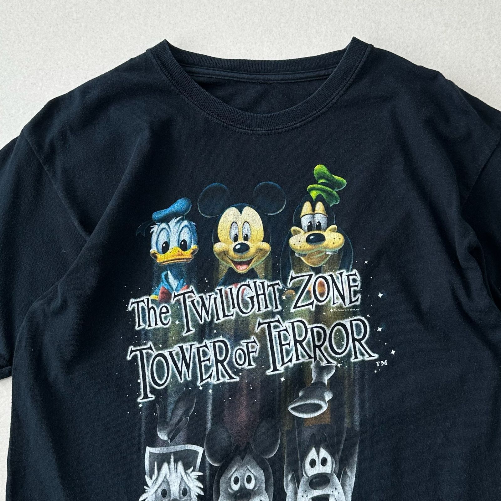 レア Disney ディズニー トワイライトゾーン タワーオブテラー プリント　Tシャツ　アニメ　キャラクター　TOWER OF TERROR 　ミッキー　ドナルド　グーフィー　Hanes ブラック　Mサイズ