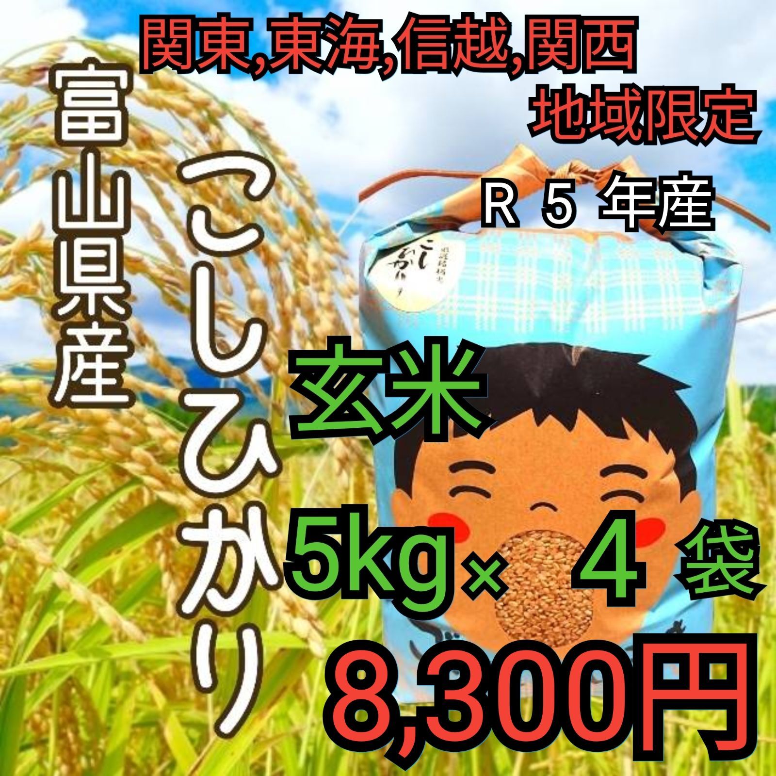 R5年富山県産コシヒカリ玄米5kg×4袋✳️関東、東海、信越、関西地方