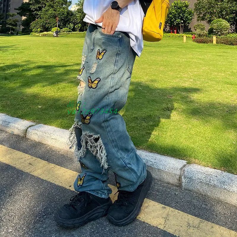 バタ蝶 柄 クダメージ デニム パンツ ジーンズ Y2K 韓国 HIPHOP