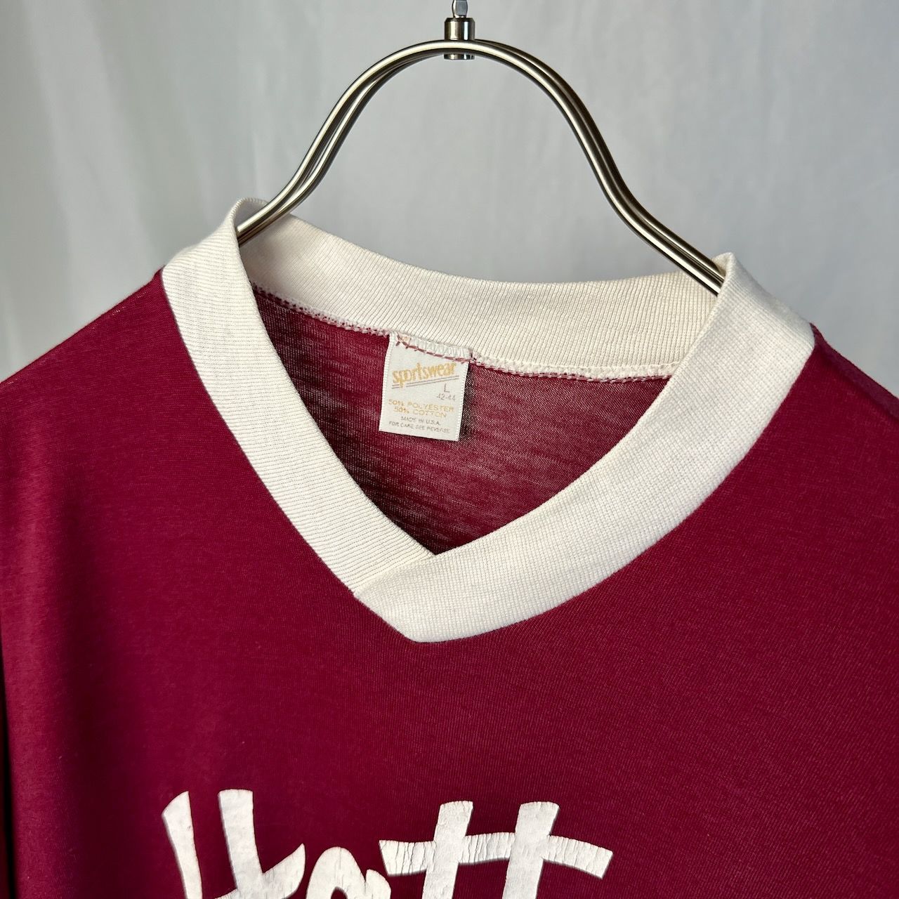 古着 希少 80s リンガーTシャツ Vネック トリム フロッキー 雰囲気◎ 70s～80s USA製 sportswear フットボールT サイズ：L Hatt