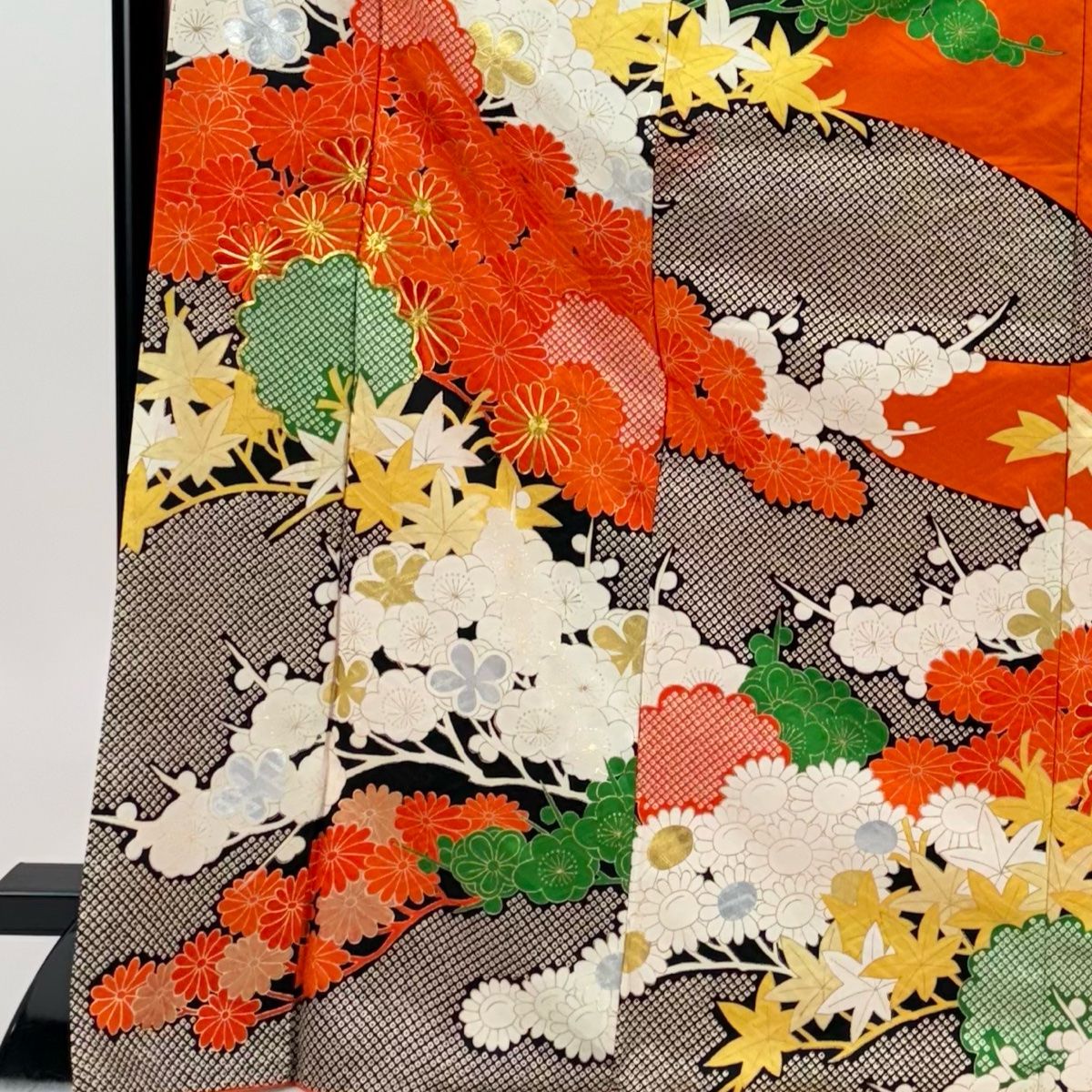 身丈152センチ　お振り袖　正絹ふ17 振袖 身丈162.5cm 裄丈68.5cm L 袷 牡丹 ヱ霞 金糸 金彩 赤 正絹