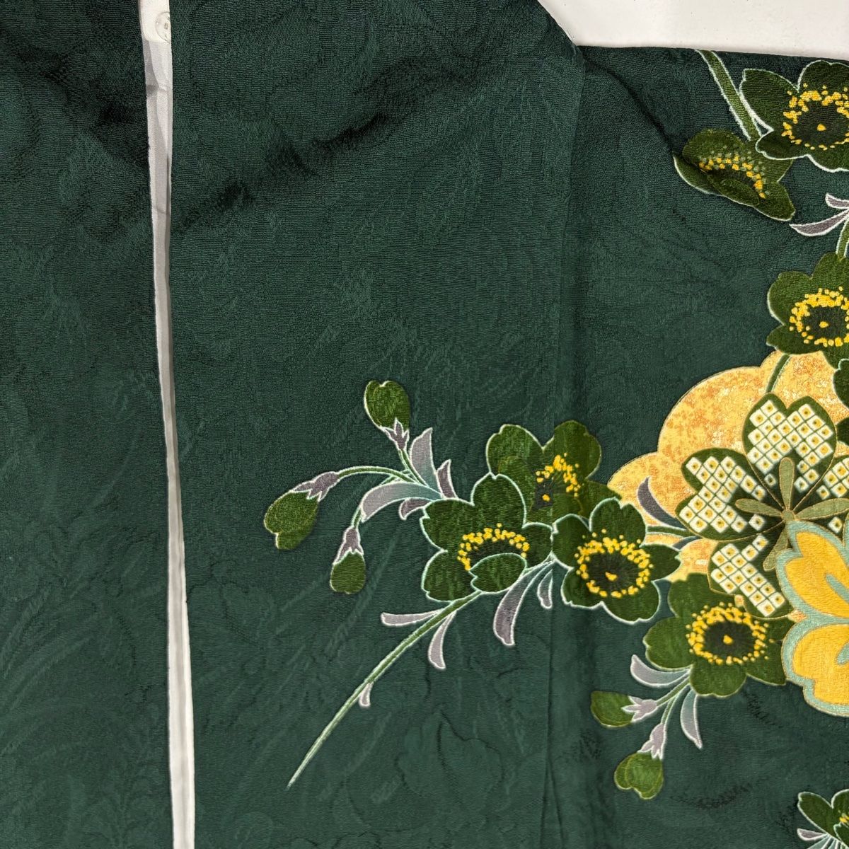振袖 身丈171cm 裄丈68cm L 袷 花徒然 椿 菊 箔 金銀彩 深緑