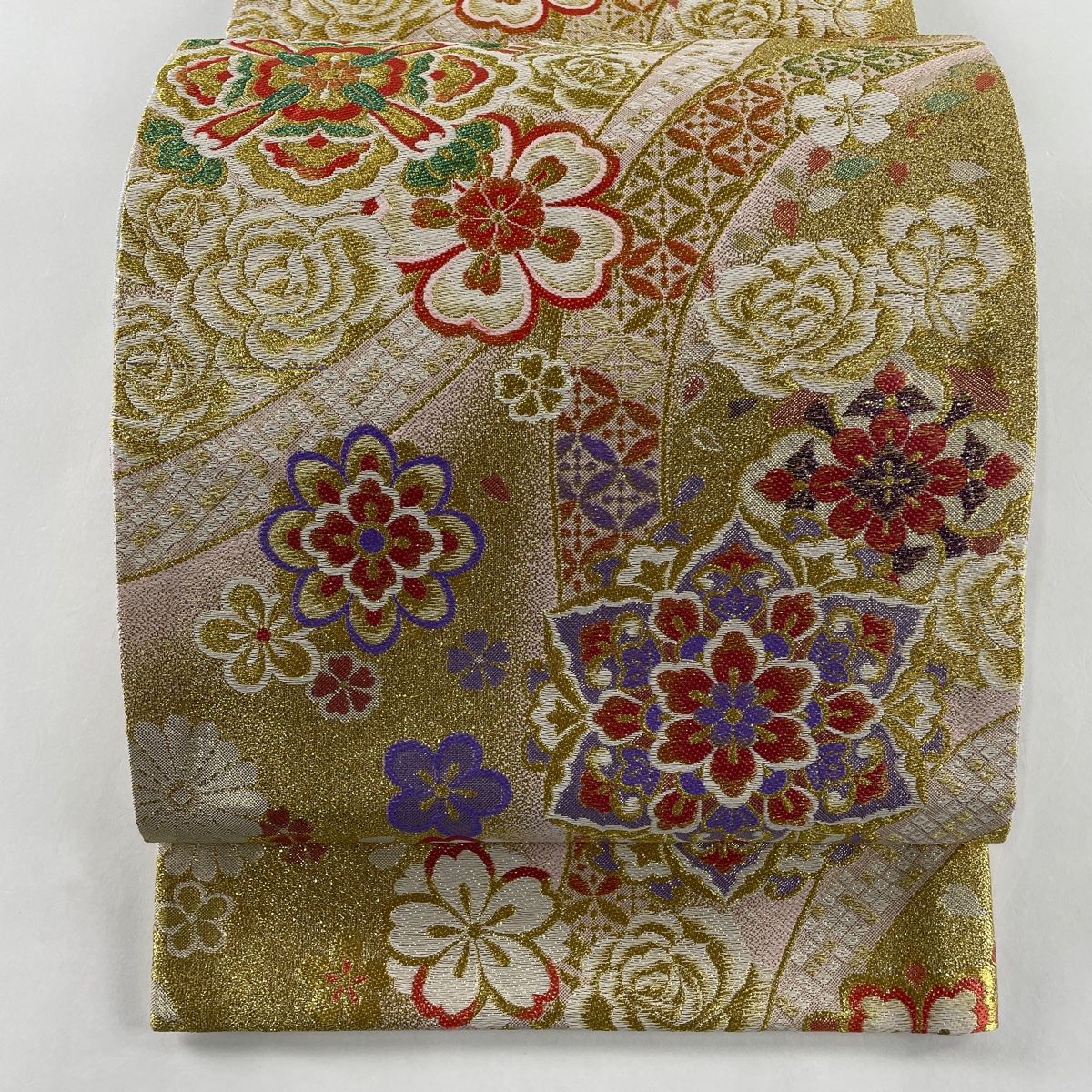 袋帯 美品 秀品 鳥 花唐草 箔 刺繍 よもぎ色 六通 正絹 【中古