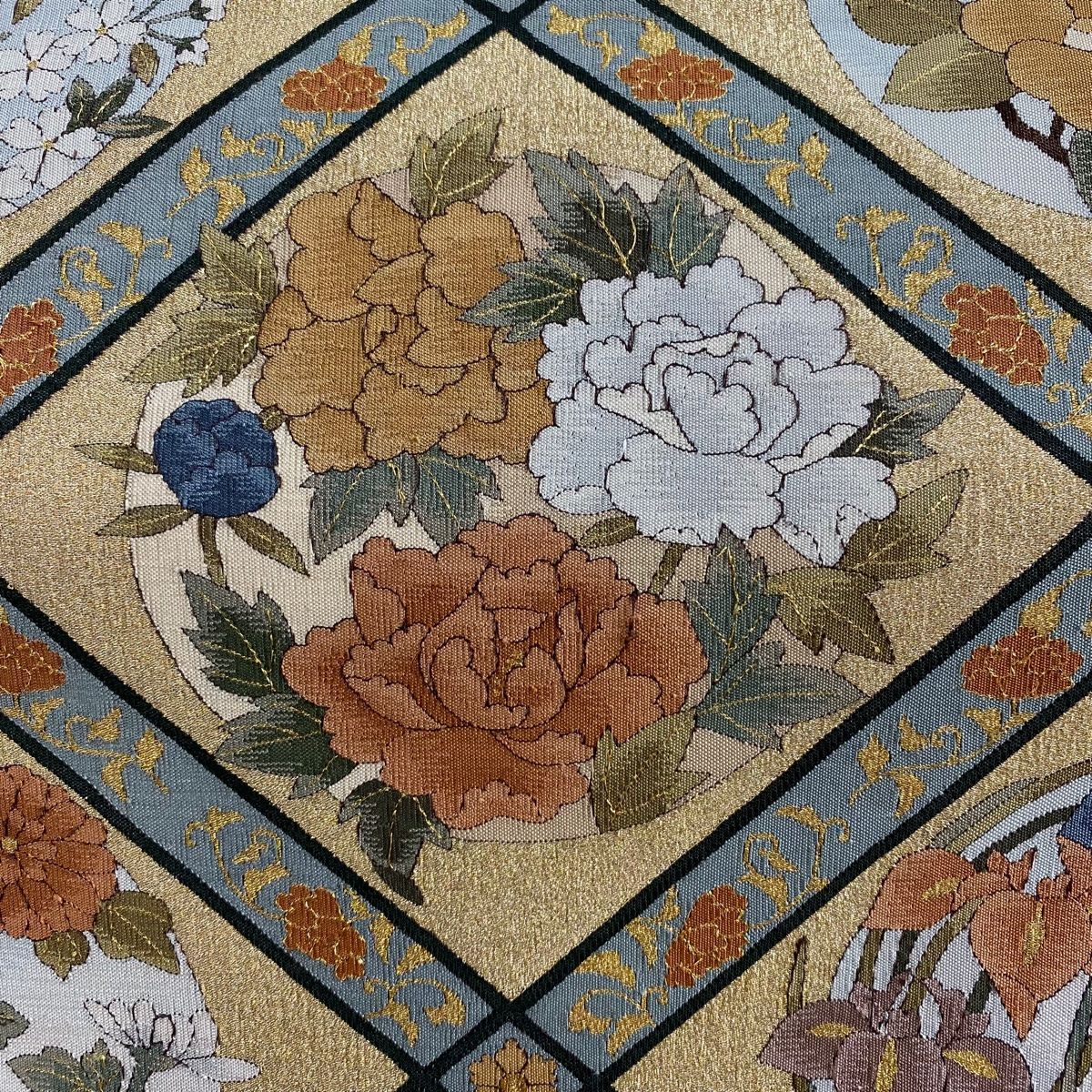 袋帯 美品 逸品 花丸文 草花 金糸 ベージュ お太鼓柄 正絹