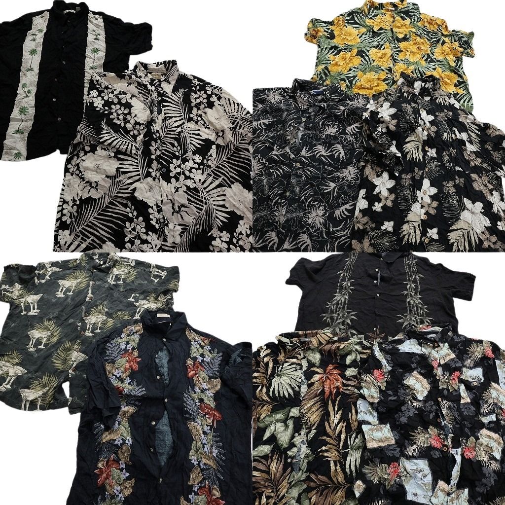 古着卸 黒ボディ アロハシャツ 半袖シャツ 10枚セット メンズ 2XL ハイビスカス オールオーバーパターン 古着 NA3193
