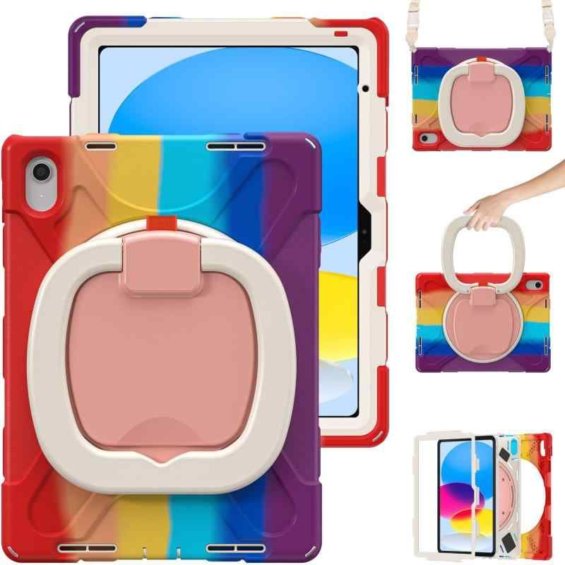 iPadケース 360回転持ち手 耐衝撃 ペンシル収納 頑丈 キッズ かわいい 子供 子ども 持ち手付き 肩掛け 斜め掛け アイパッド iPad カバー iPad 10.9インチ 第10世代 虹のレッド