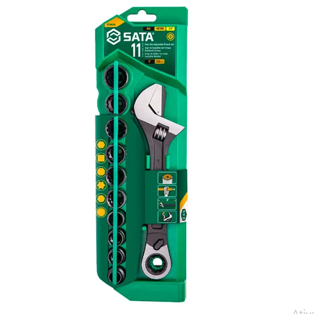 ST09000 黒 １１点 調整 コンビネーションモンキーレンチソケットセット ＳＡＴＡ