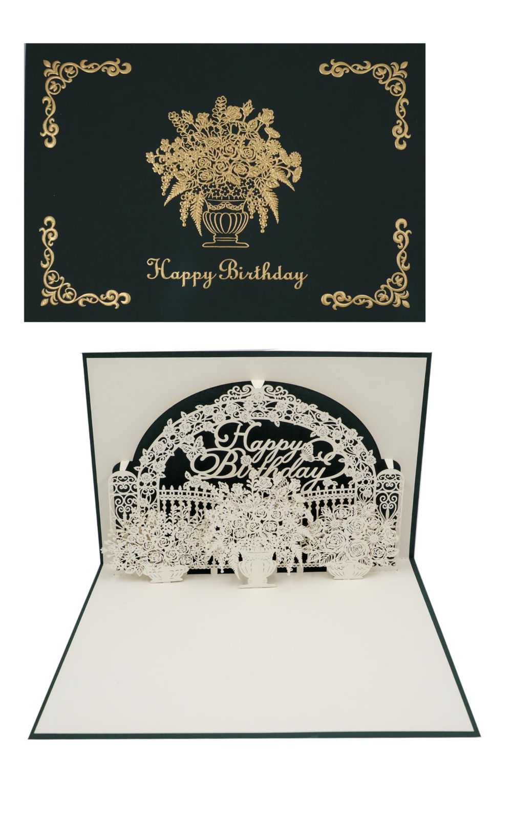 新品 日本 製 【 バースデー カード 緑 バラ 薔薇 飛び出す 】 リーフ ワーク カンパニー グリーティング 誕生日 大人向け ハンドメイド 手作り 封筒付き セット メッセージ お祝い プレゼント ギフト おしゃれ 金箔加工 立体 ポップアップ 3D