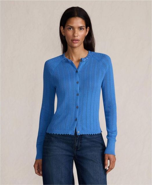 送料無料 ランズエンド レディース ニット セーター アウター Women s Cotton Pointelle Satin Trim Cardigan Sweater Muted cobalt blue