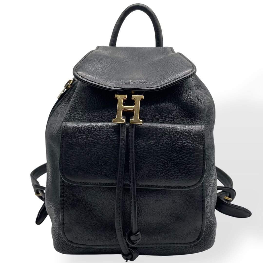 極美品♥️ヒロフ♥️HIROFU レザーリュック 162　黒シンプルで素敵 極美品 HIROFU ヒロフ リュックサック Hロゴ金具 レザー シボ革