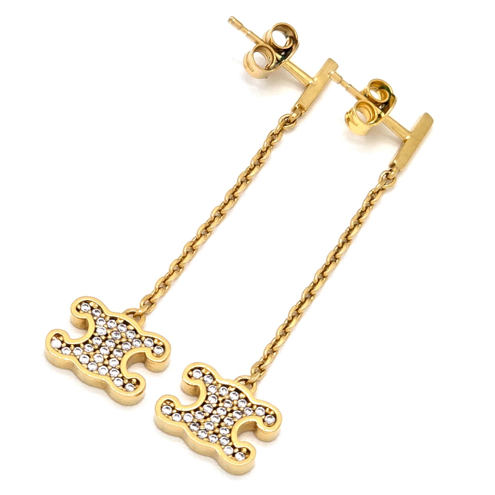 CELINE セリーヌ トリオンフ ラインストーン ピアス 両耳 ドロップチェーン ゴールドフィニッシュ ブラス クリスタル ニッケルフリー CELINE Parisロゴの刻印