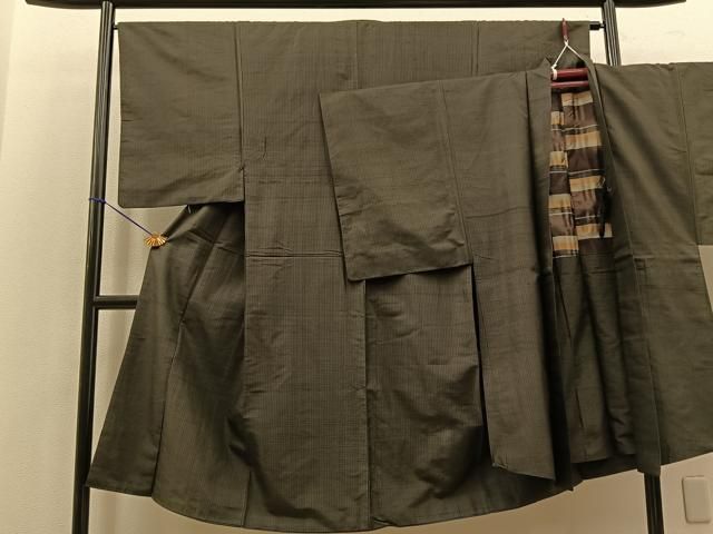 平和屋着物男性　お召　アンサンブル　格子柄　正絹　逸品　BAAK9601yc